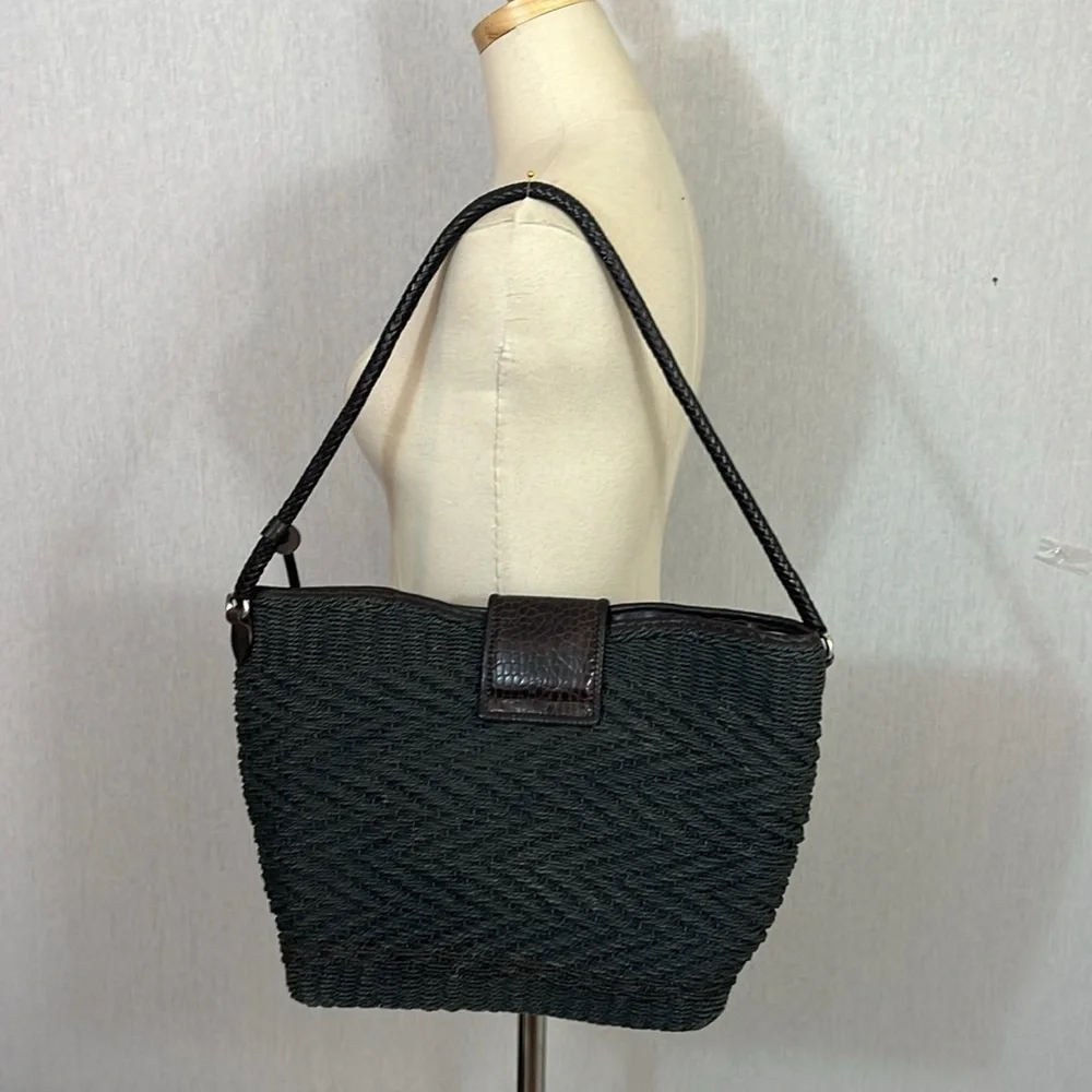 Brighton Black Woven Shoulder Bag with Dark Brown Trim